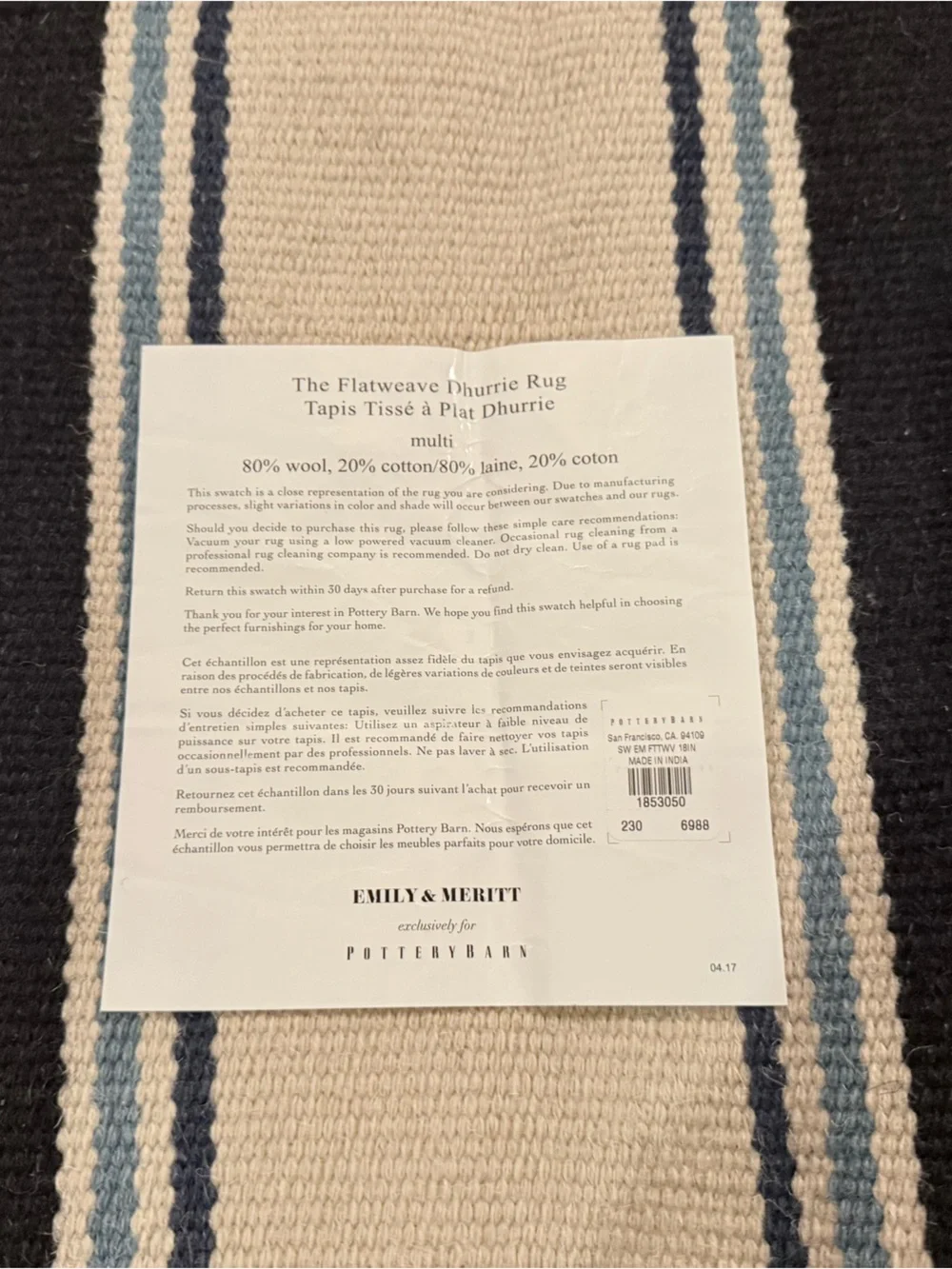 New Pottery Barn Emily & Meritt Stripe Dhurrie Rug, Small, Blue Multi